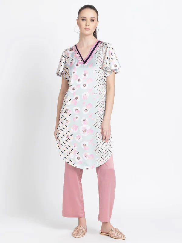 Floral Tunic & Pant Set Trendy Wide-Leg Pants