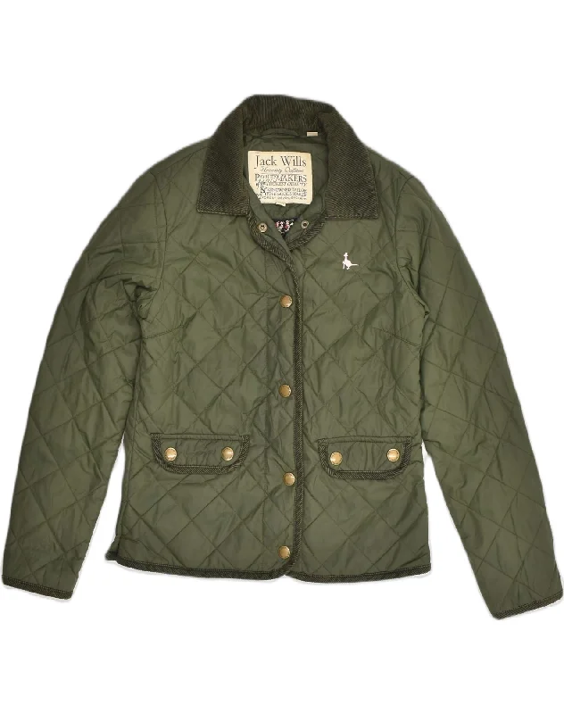 JACK WILLS Womens Quilted Jacket UK 8 Small Khaki Nylon Satin Jacket Silk Jacket Chiffon Jacket