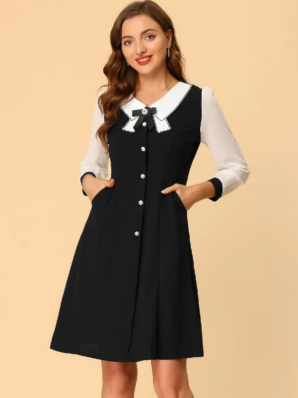 Contrast Collar Bow Tie A-Line Long Sleeve Elegant Button Decor Dress Tunics Sophisticated sleek