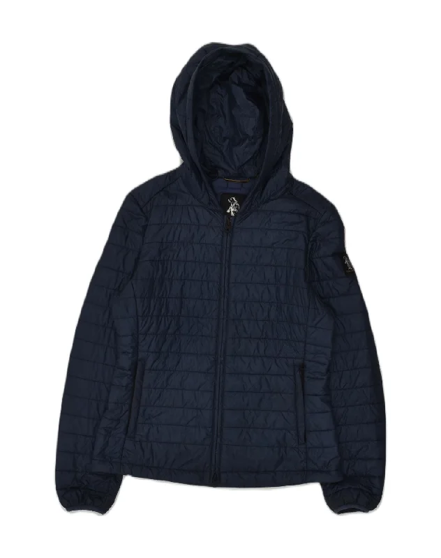 REFRIGUE Womens Hooded Padded Jacket UK 12 Medium Navy Blue Knit Jacket Woven Jacket Fleece Jacket