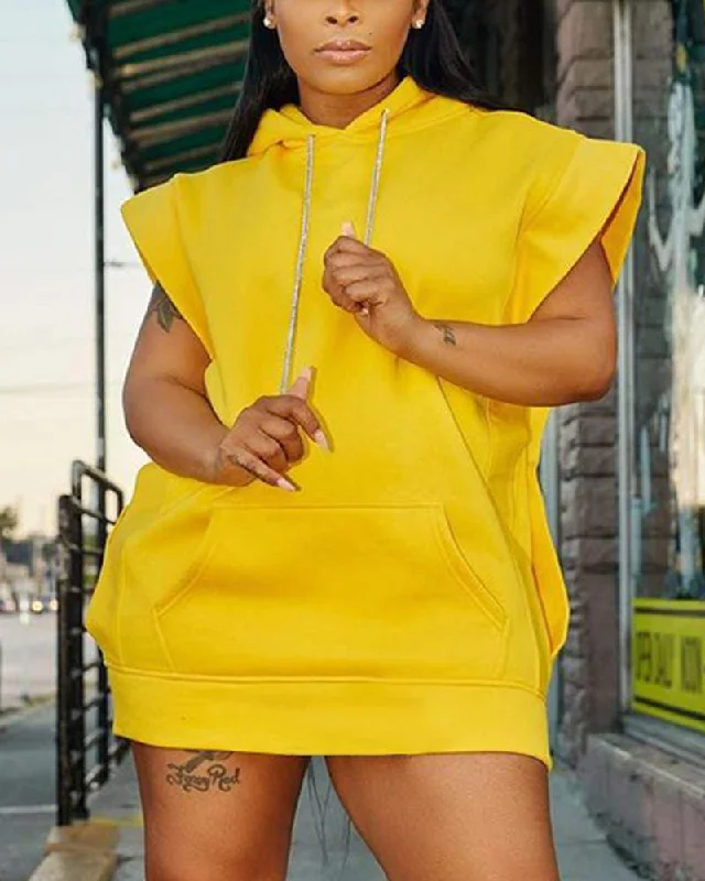 POCKET DETAIL DRAWSTRING HOODED SWEATSHIRT DRESS Hoodie with Metallic Shiny Futuristic