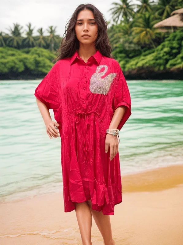 Hot Pink Swan Dress with Swarovski Embellishments - Cotton Fabric & Waist String Tunics Versatile functional