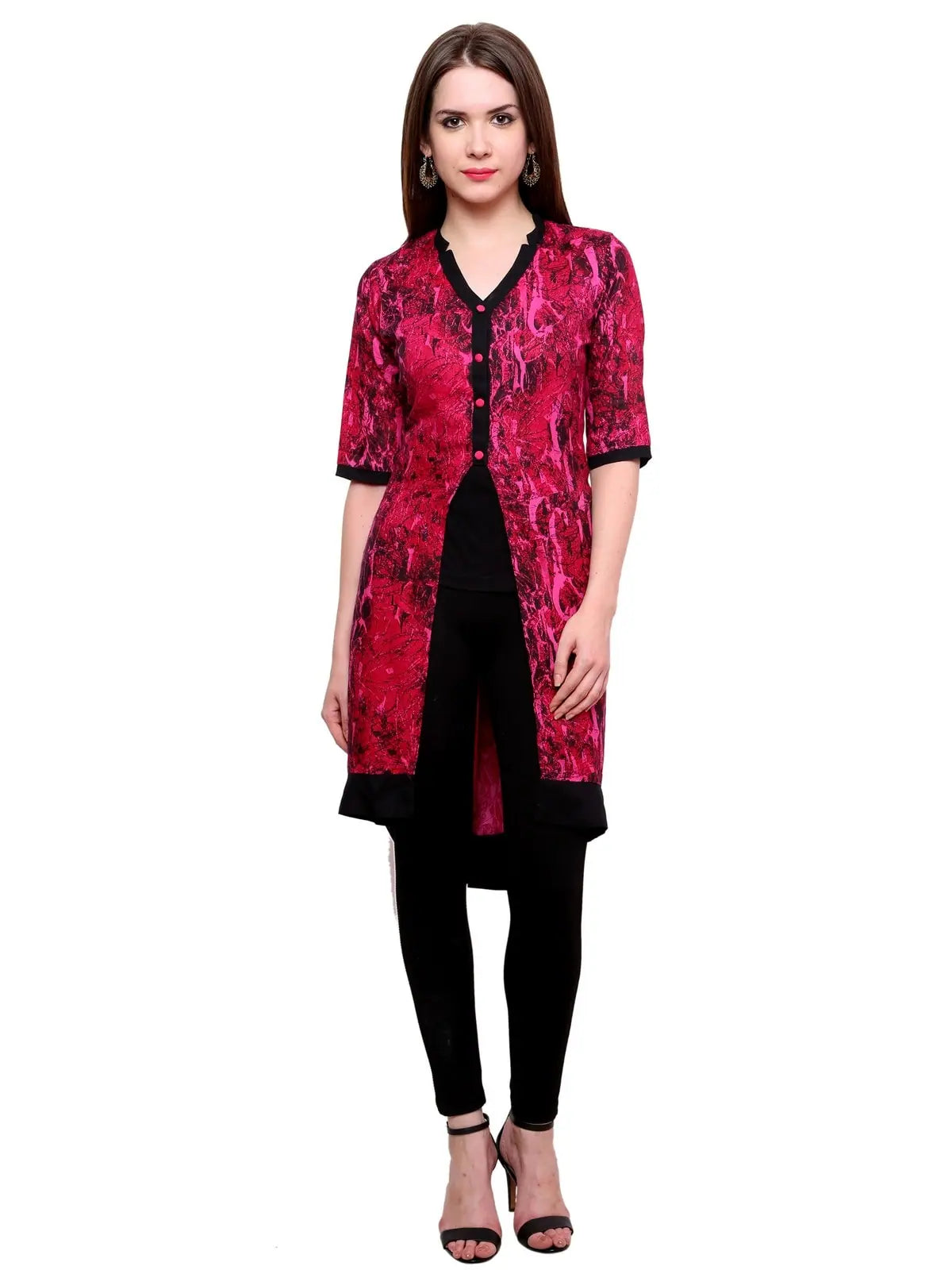 Pannkh Women's Abstract Print Jacket Kurti-PK1116PINK-S Nylon Jacket Polyester Jacket Spandex Jacket