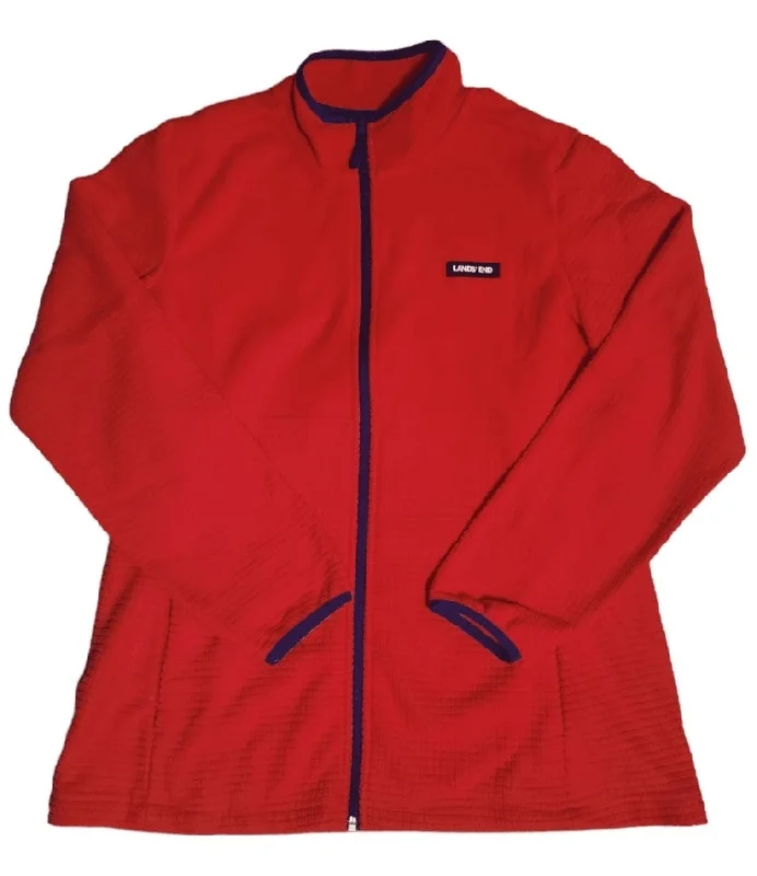 Land's End Women's Long Sleeve Full Zip Grid Fleece Jacket (Daylily Orange, M) Front Pockets Side Pockets Patch Pockets