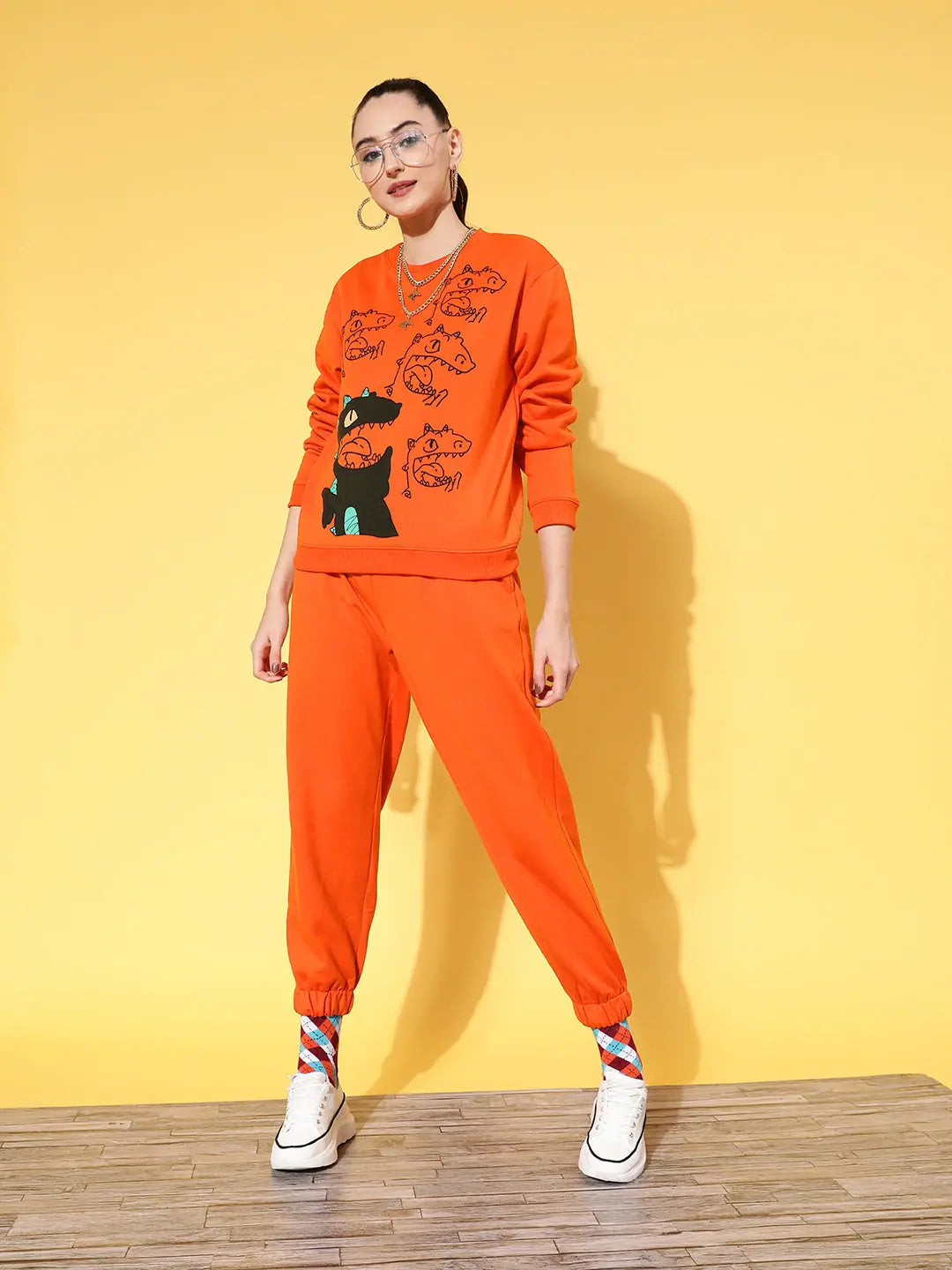 Women Orange Fleece Dragon Sweatshirt With Joggers Hoodie with Belted Waist Structured Tailored