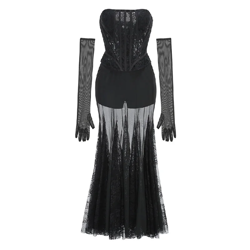 Sexy Lace Up Strapless Corset Opera Glove Lace Godet Mesh Pant Matching Set Stylish Casual Pants Sexy Lace Up Strapless Corset Opera Glove Lace Godet Mesh Pant Matching Set Stylish Casual Pants