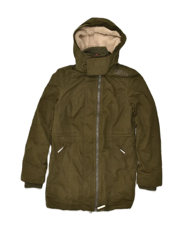 SUPERDRY Womens Windparka Hooded Parka Jacket UK 10 Small Khaki Polyester Knit Fabric Woven Fabric Fleece Fabric