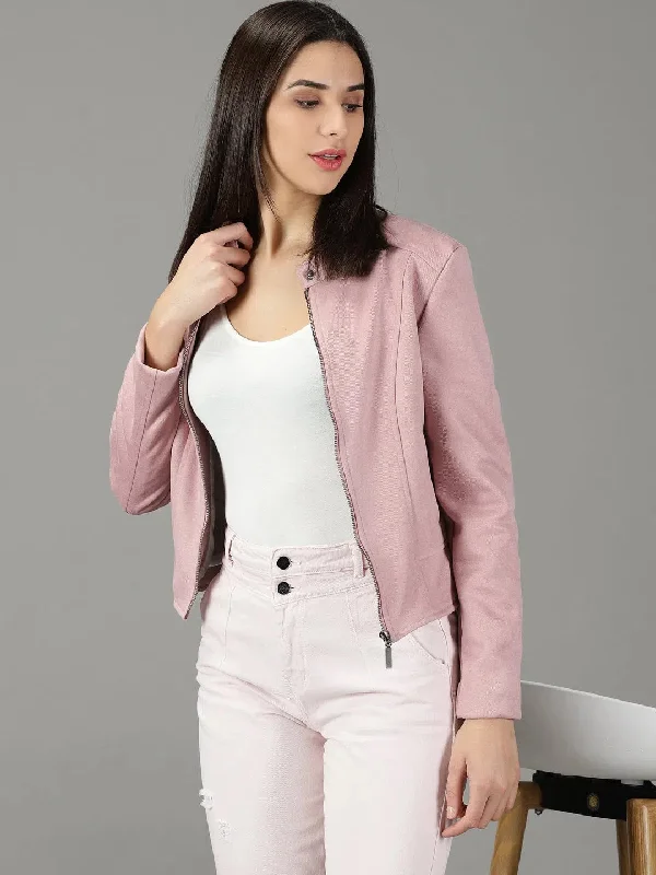 Women's Pink Solid Open Front Jacket-IM-067-Pink Wool Jacket Cashmere Jacket Tweed Jacket