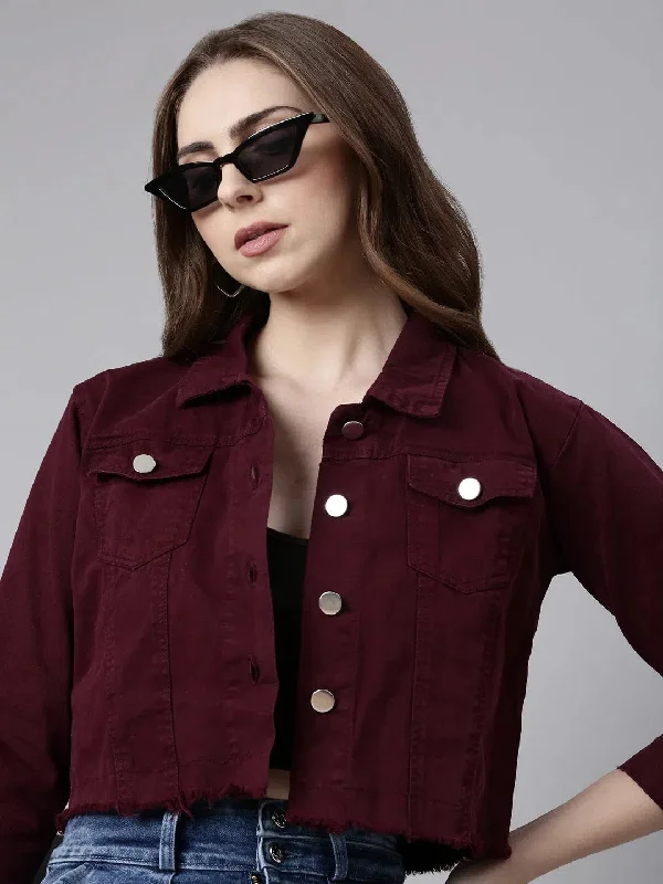 Women Maroon Solid Denim Jacket-AE-0001-Maroon Tiered Jacket Buttoned Jacket Zippered Jacket