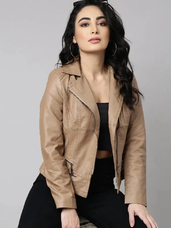 Women Solid Brown Biker Jacket-8878-Brown Nylon Fabric Polyester Fabric Spandex Fabric