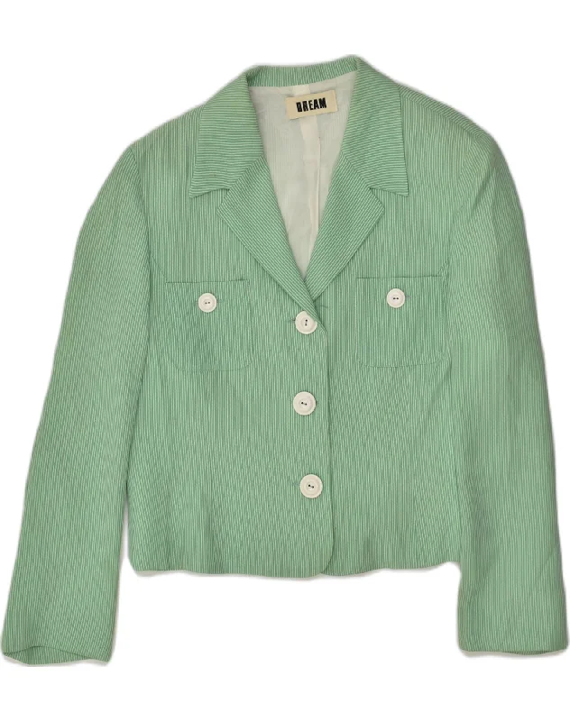 DREAM Womens 3 Button Blazer Jacket UK 14 Large Green Striped Acrylic Faux Fur Fabric Real Fur Fabric Shearling Fabric