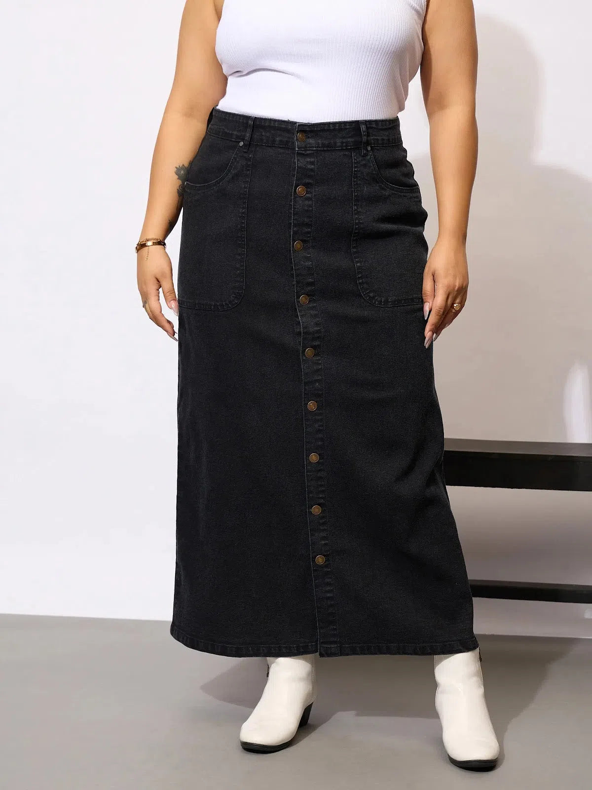 Women Black Denim Acid Wash Front Button Skirt leather skirt durable