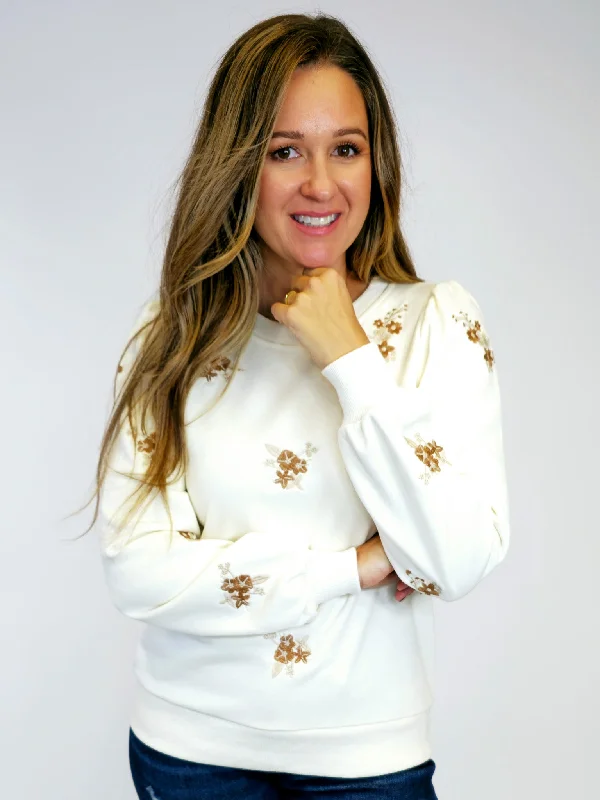 FLORAL EMBROIDERY SWEATSHIRT - CREAM Hoodie with Elastic Cuffs Stretchable Comfortable