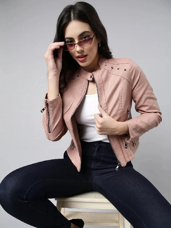 Women Solid Peach Biker Jacket-8862-Peach Knit Fabric Woven Fabric Fleece Fabric