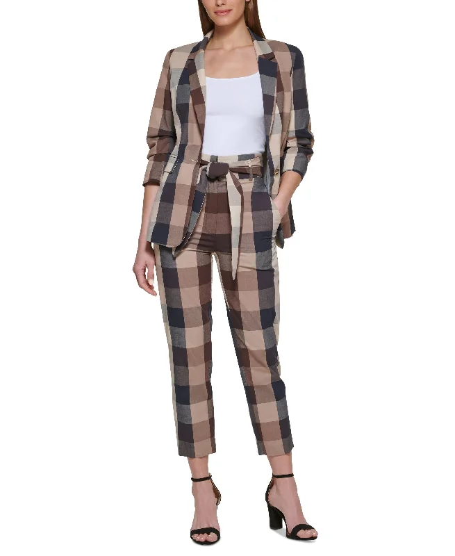 Petite Ruched-Sleeve Check Madison Jacket Denim Fabric Leather Fabric Suede Fabric