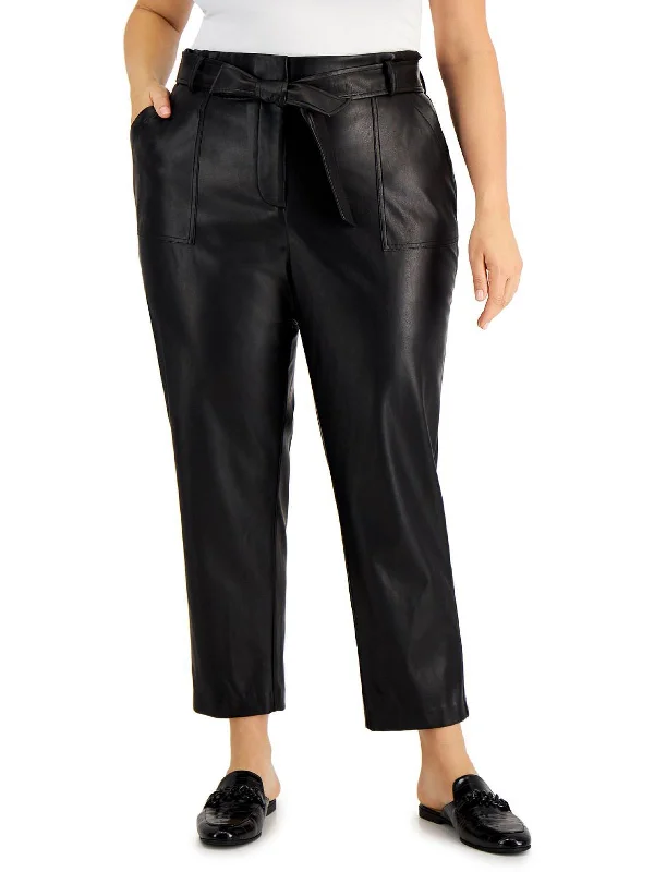 Plus Womens Faux Leather Tie Waist Straight Leg Pants Classic Pleated Pants