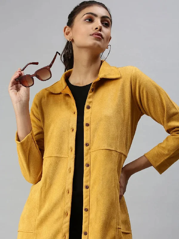 Women's Mustard Solid Duster Jacket Jackets-LT-049-Mustard Hoodie Zip-Up Jacket Button-Up Jacket