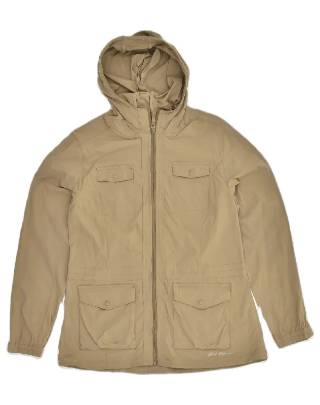 EDDIE BAUER Womens Hooded Utility Jacket UK 14 Large Khaki Polyester Denim Jacket Leather Jacket Suede Jacket