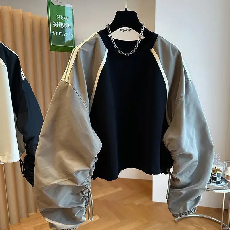 Advbridge Men‘s Wintern outfits Spring Autumn Elegant Sweatshirt Niche Casual Patchwork Contrasting Color Raglan Shirt Men Women's Drawstring Waist Cinched Top Hoodie with Button Placket Classic Preppy