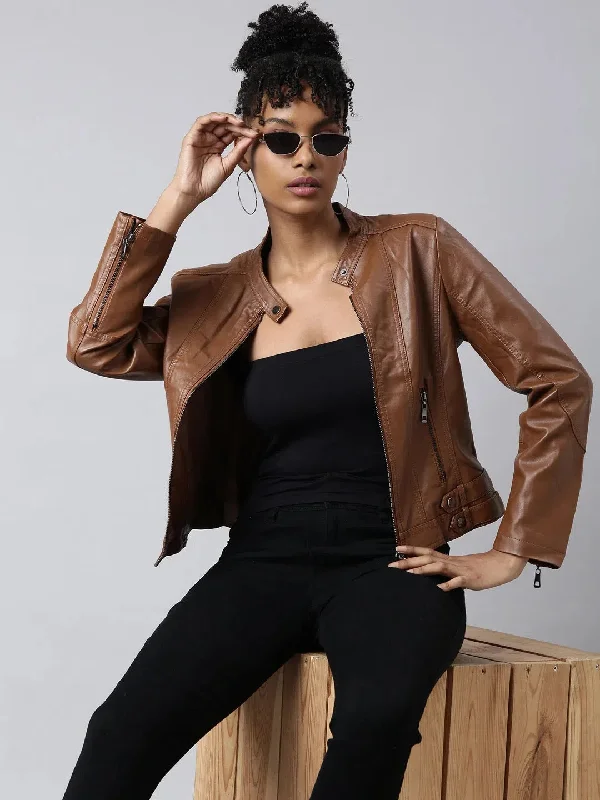 Women Solid Brown Biker Jacket-8809-Brown Denim Jacket Leather Jacket Suede Jacket