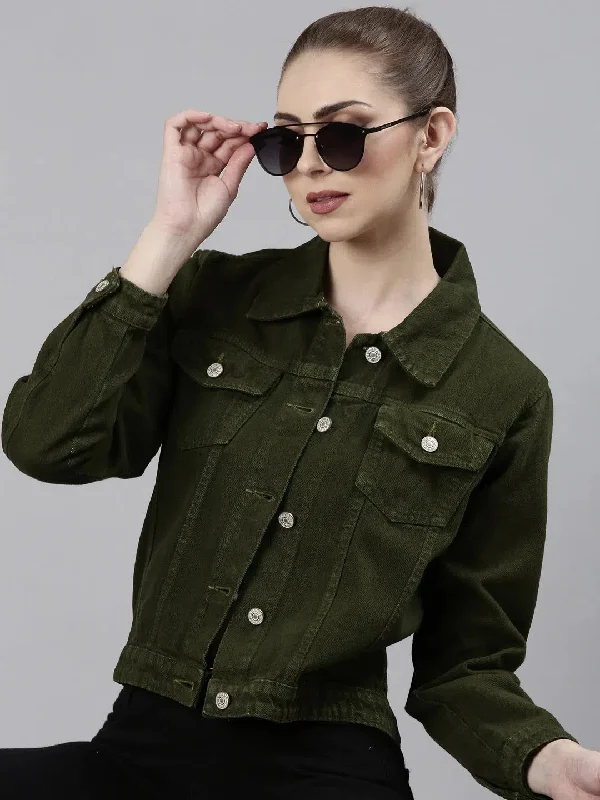Women Olive Solid Denim Jacket-GZ-5598-Olive Boat Neck Shawl Collar Notched Collar