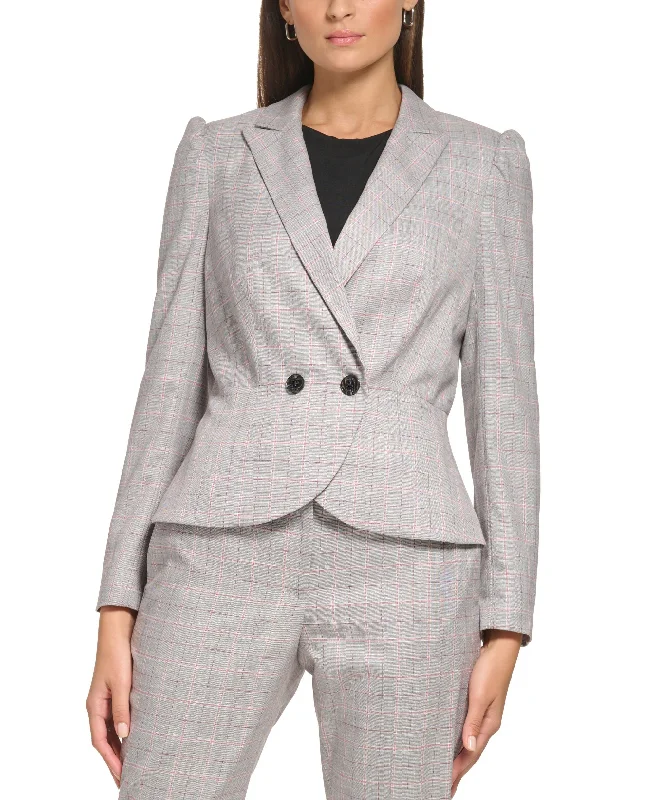Petite Plaid Puff-Sleeve Peplum Jacket Insulated Jacket Fitted Jacket Loose Jacket