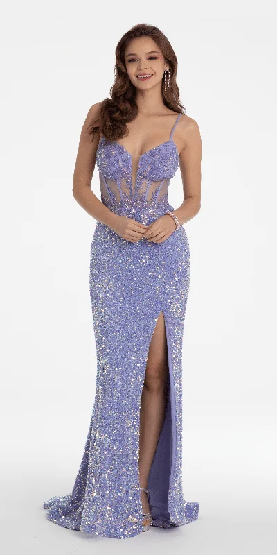 Plunging Sequin Velvet Corset Column Dress with Side Slit Tunics Running lightweight