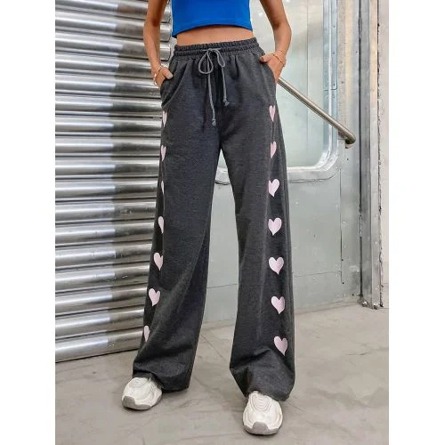 Womens Love-shaped Printed Drawstring Sports Pants High-Waist Yoga Pants