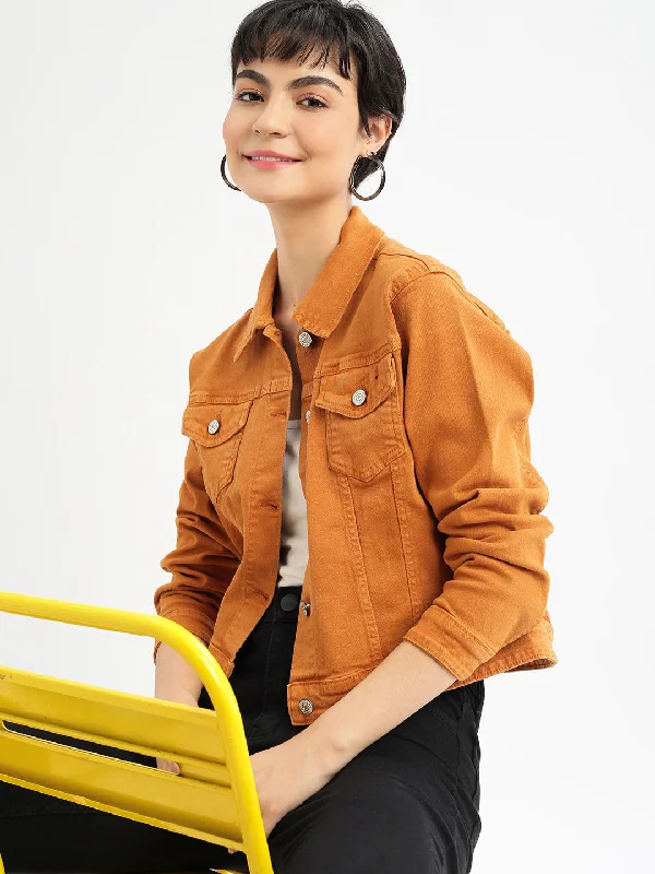 Women Rust Denim Jacket-GZ-5577A-Rust Collared Jacket Crew Neck Jacket Turtle Neck Jacket
