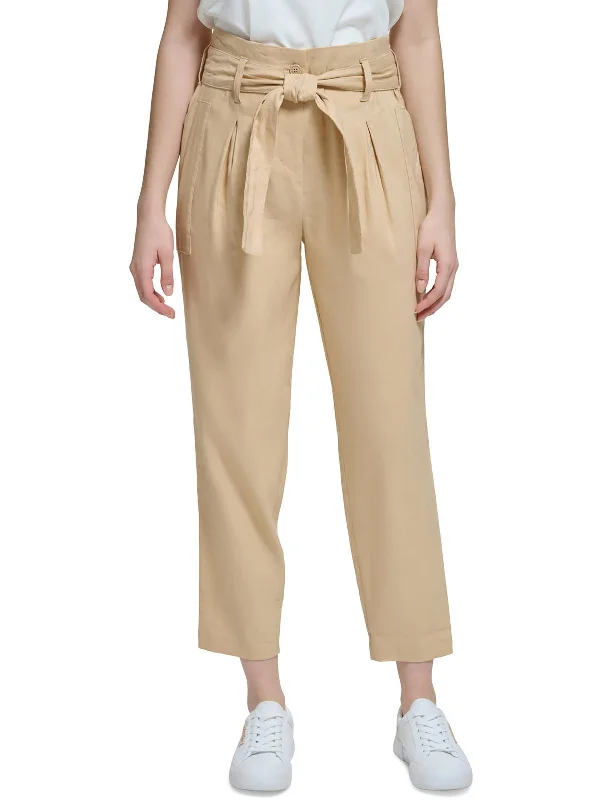 Womens Linen High Waist Cropped Pants Cozy Jogger Leggings