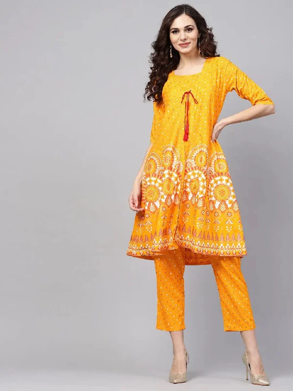 Yellow Printed Cotton A-Line Top With Jacket Toggled Jacket Drawstring Jacket Belted Jacket
