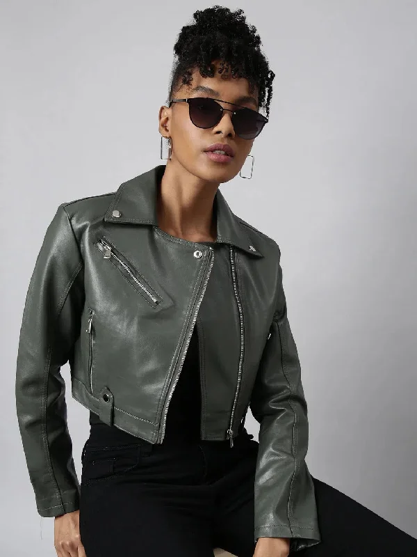 Women Solid Crop Olive Biker Jacket-CH005-Olive Denim Fabric Leather Fabric Suede Fabric