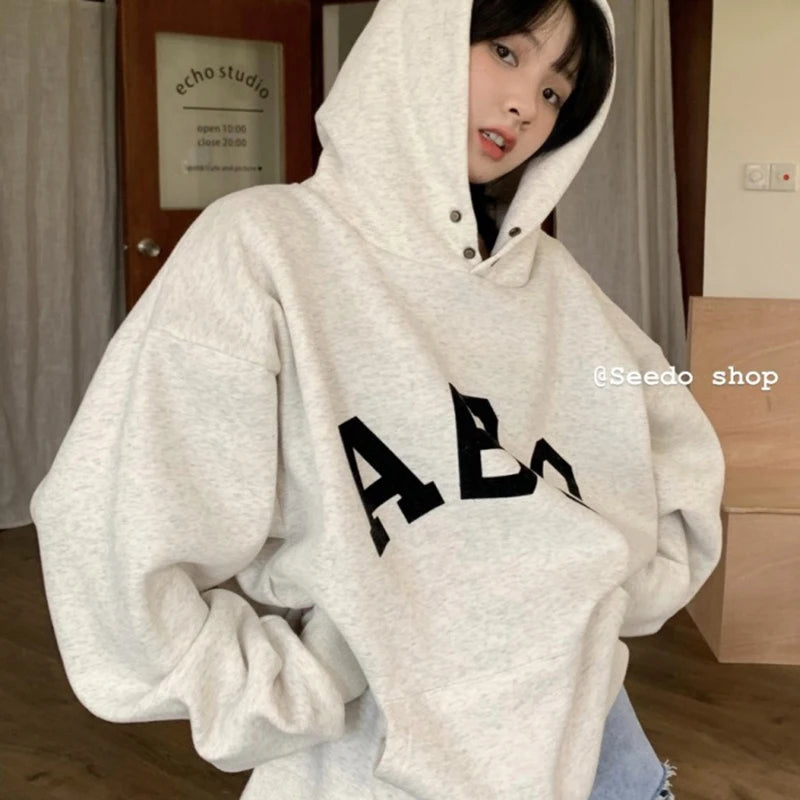 Advbridge Oversized Fleece Hoodies Women Winter Streetwear Vintage Hooded Sweatshirts Long Sleeve Warm Cotton ABC Graphic Hoodie For Women Hoodie with Exposed Zipper Edgy Industrial