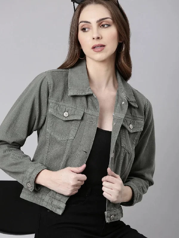 Women Grey Solid Denim Jacket-GZ-5598-Grey Elasticated Jacket Padded Jacket Insulated Jacket