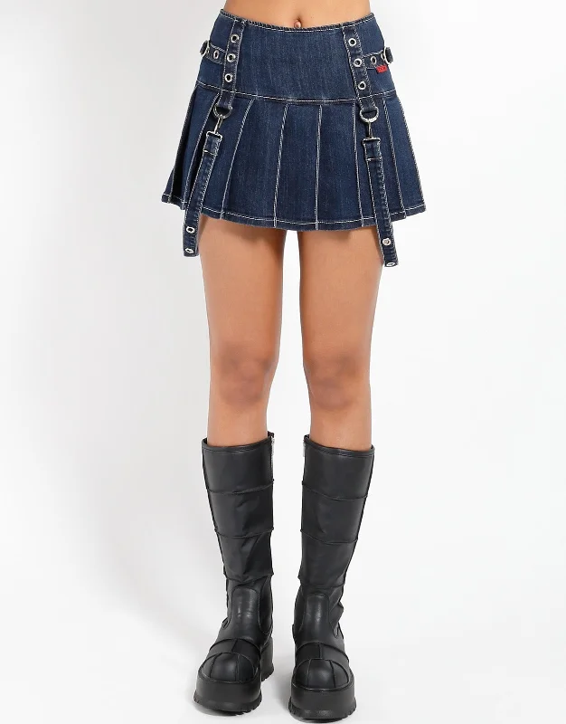 DENIM PLEATED BONDAGE SKIRT leather skirt sleek