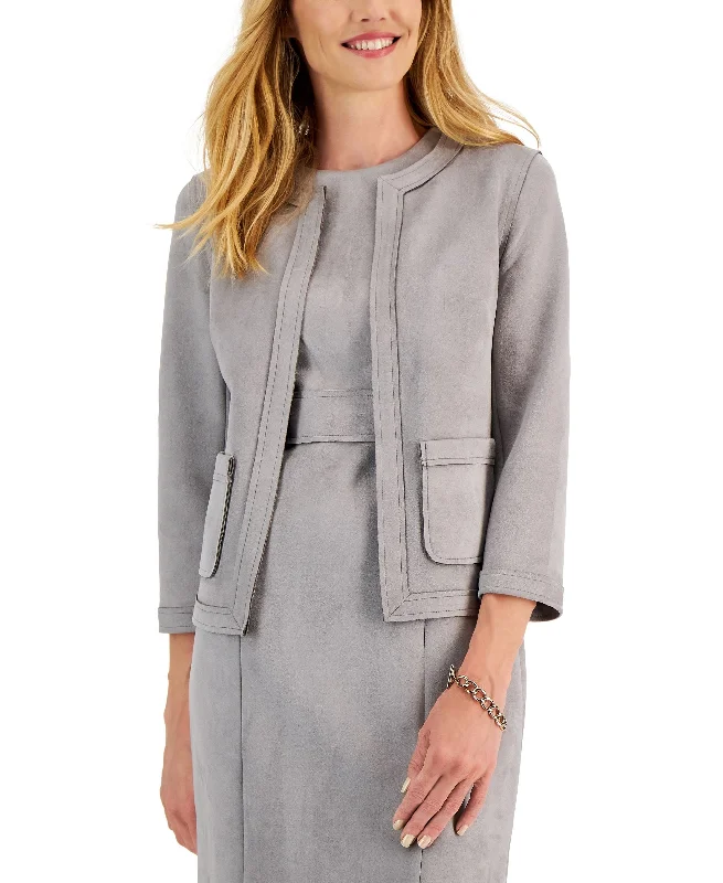 Petite Faux-Suede Framed Patch-Pocket Jacket Wool Fabric Cashmere Fabric Tweed Fabric