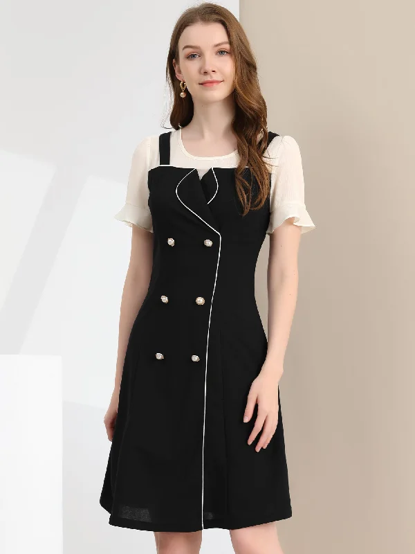Contrast Button Decor Short Sleeve Chiffon Summer Dress Tunics Lace romantic