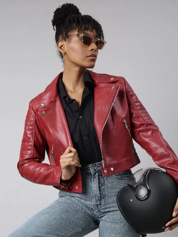 Women Solid Red Biker Jacket-CH001-Red Striped Jacket Polka Dot Jacket Floral Jacket