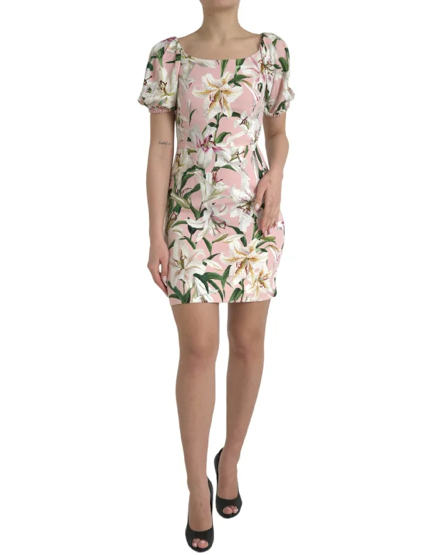 Dolce & Gabbana Elegant Pink Lily Print Sheath Dress Boat Neckline Classic
