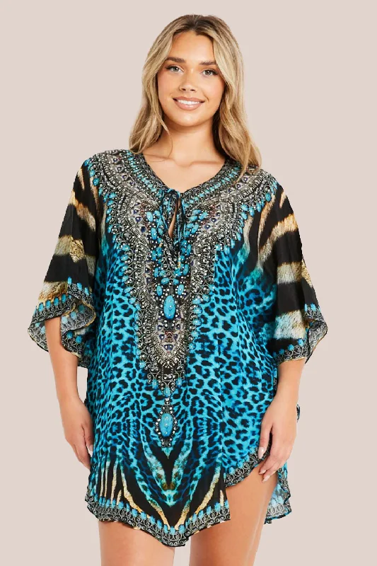Aftershock London Blue Short Beach Dress Kaftan empire Waist empire