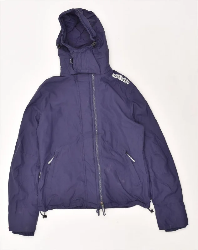 SUPERDRY Womens Hooded Rain Jacket UK 14 Large Navy Blue Nylon Plaid Jacket Tartan Jacket Houndstooth Jacket