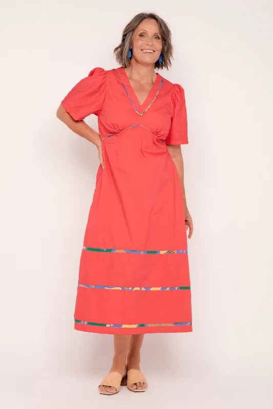 Farrah Poplin Dress in Coral Turtleneck Neckline Stylish
