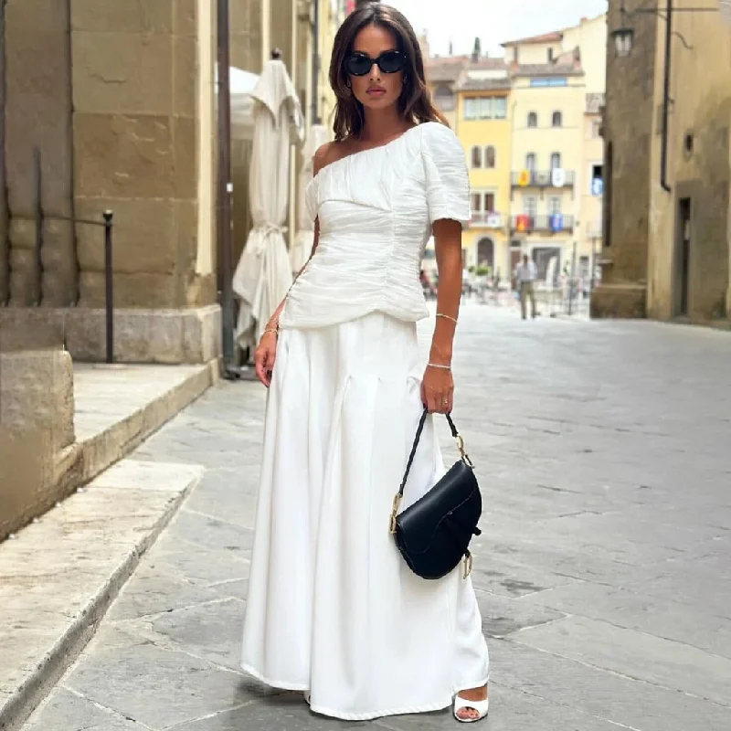 Asymmetric Mesh Ruched Top High Waist Wide Leg Pleated Pant Matching Set Trendy Palazzo Pants Asymmetric Mesh Ruched Top High Waist Wide Leg Pleated Pant Matching Set Trendy Palazzo Pants