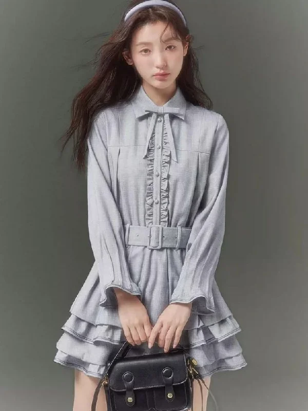 Plaid light blue bow girly dress【s0000003520】 Tunics Long Elegant