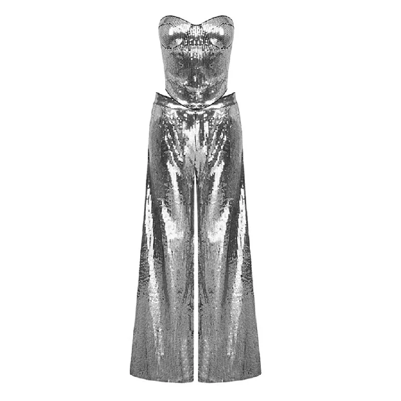 Sparkly Sequin Party Sweetheart Crop Tube Top Wide Leg Pant Matching Set Comfy Cargo Trousers Sparkly Sequin Party Sweetheart Crop Tube Top Wide Leg Pant Matching Set Comfy Cargo Trousers