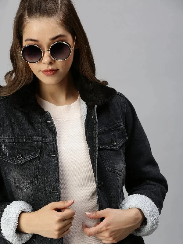 Women's Black Solid Denim Jacket Jackets-IM-JKT9836-Charcoal Cardigan Sweater Pullover