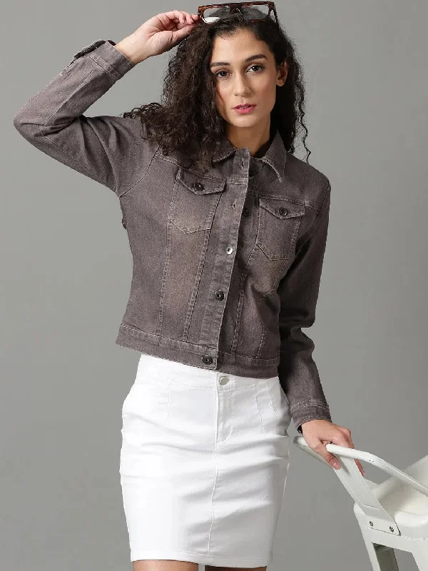Women's Taupe Solid Denim Jacket-AE-9501-Taupe Welt Pockets Slit Pockets Flap Pockets