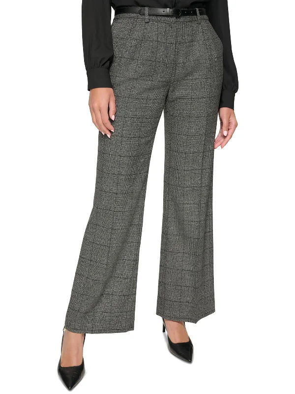 Petites Womens High Rise Glen Plaid Wide Leg Pants Classic Straight Pants