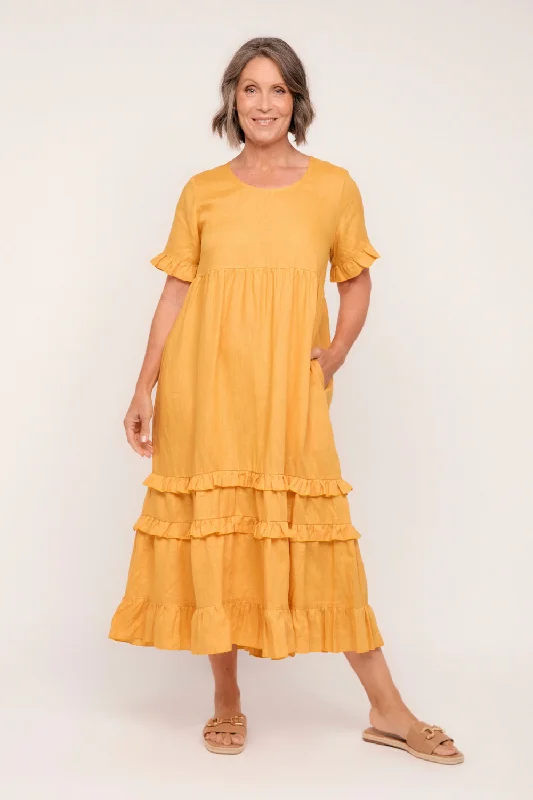 Sabre Linen Frill Dress in Golden Hour Crew Neckline Sporty
