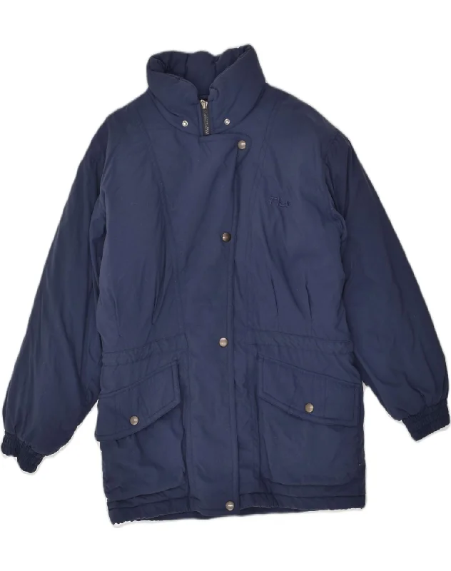 FILA Womens Windbreaker Jacket UK 10 Small Navy Blue Print Jacket Jacquard Jacket Embroidered Jacket